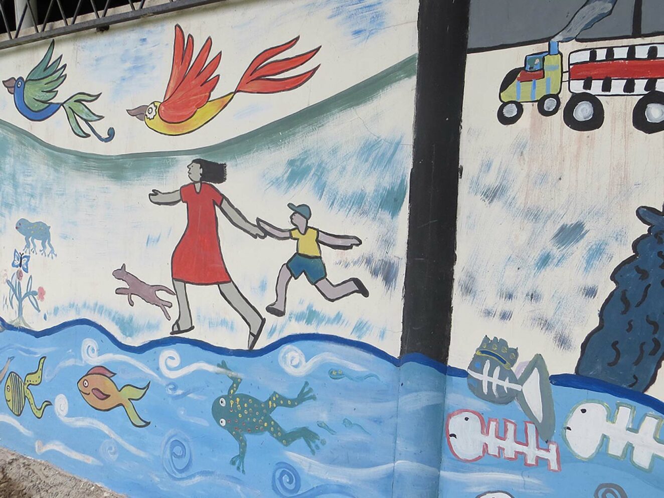 Illustration of a mother and child running away from a disaster alongside a polluted river